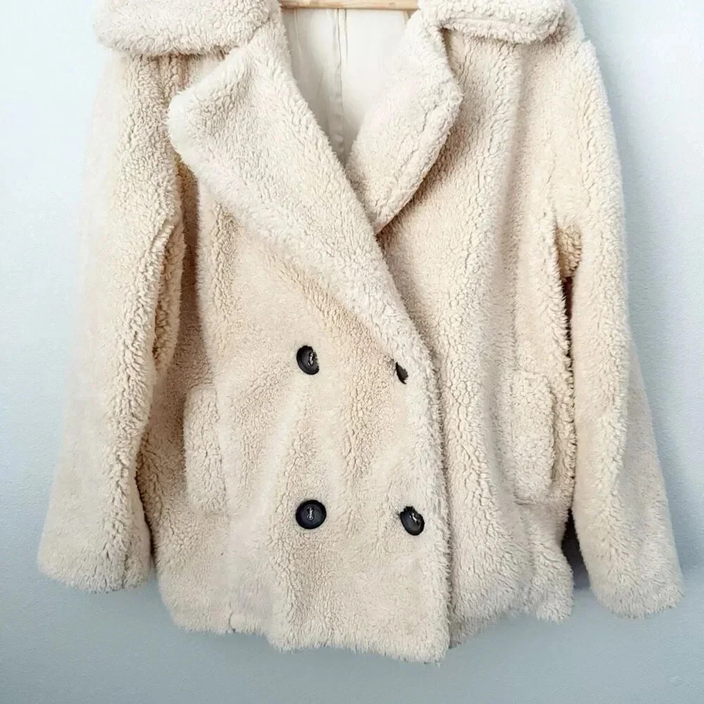 FREE PEOPLE | Teddy Double Breasted Pea Coat Sherpa  Ivory Oversized | Medium - Picture 6 of 10